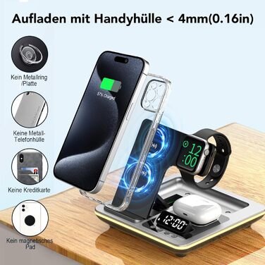 Багатофункціональна зарядна станція Hatalkin 5 в 1 для iPhone, Apple Watch та AirPods Pro. З функцією будильника та нічника, срібна