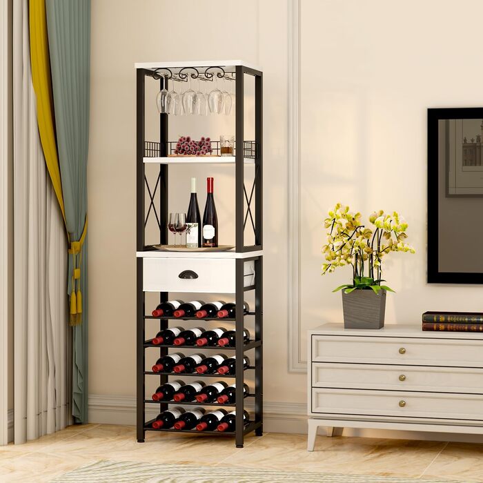 Homeiju Wine Rack, Freestanding Floor, Bar Cabinets for Liqueurs and Glasses, 4-Tier Bar Cabinet with Tabletop, Glass Holders, Storage Drawer, and Wine Storage for Living Room, Kitchen, (Vintage)