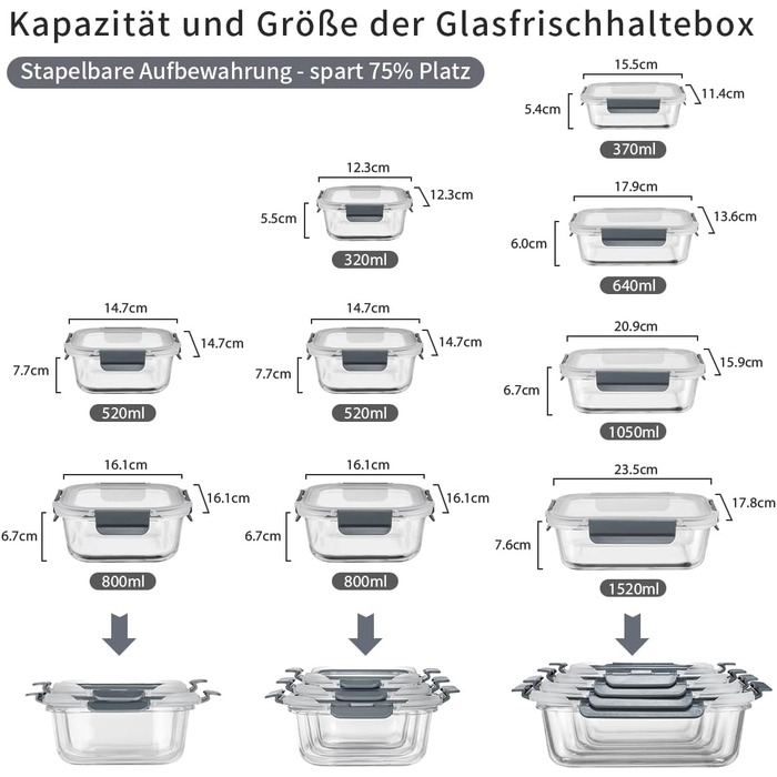 Набір контейнерів для зберігання продуктів Glas, 18 шт. (9 контейнерів, 9 кришок) - безпечні для миття в посудомийній машині, мікрохвильовій печі та морозильній камері, без BPA, сірий