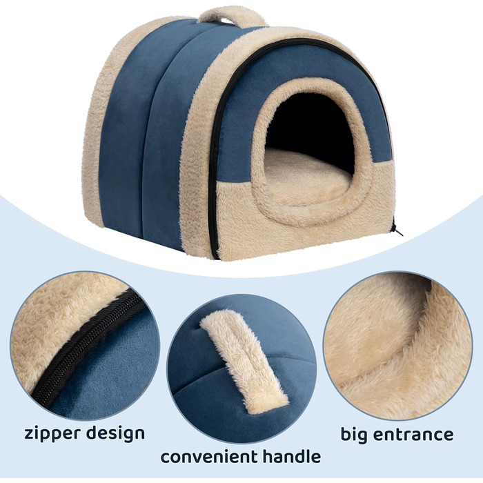 Hollypet Cat Bed, Small Dog Bed, 2-in-1 Foldable Plush Pet Bed for Cats & Small Dogs, Cozy and Soft Pet Cave Bed for Indoor Outdoor, (Dark Blue)