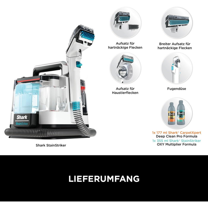 Shark Бездротовий видальник плям, портативний пилосос для прання та видалення запахів, для килимових покриттів, м'яких меблів та іншого, з коробкою для зберігання, аксесуарами та 2 × засіб для чищення, HX100EUCP (StainStriker Lösning Starterflaschen)