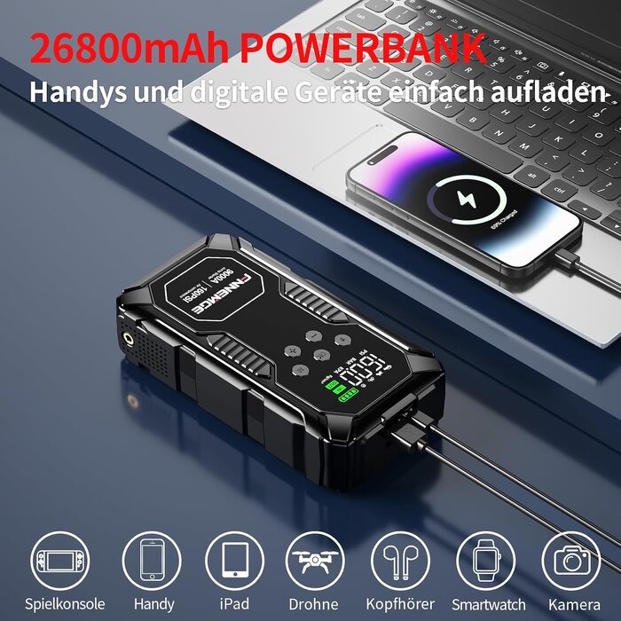 Пусковий пристрій FNNEMGE Powerbank 26800mAh 9000A з компресором 160PSI для авто 12В (бензин та дизель до 12.0л), бустер з USB-портом, LED-ліхтарем та LCD-дисплеєм