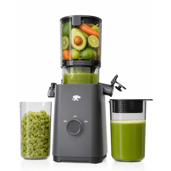 Шнекова соковижималка Slow Juicer для овочів та фруктів з широким завантажувальним отвором 120 мм, холодний віджим, функція самонарізання, 2 сіта, BPA-free