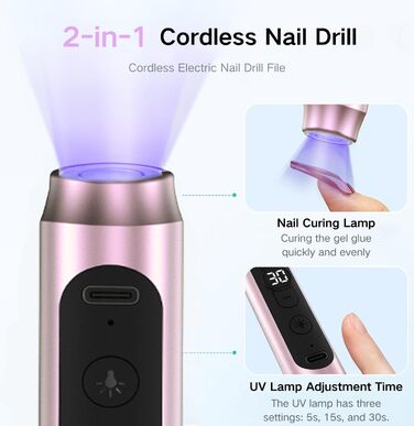 Портативний фрезер для нігтів бездротовий 12 в 1 Професійний електричний набір для манікюру та педикюру USB, перезаряджається, 9 режимів, 20000 об/хв (Рожевий)