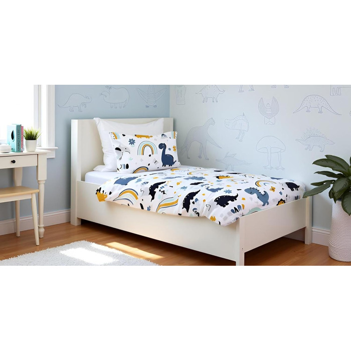 Комплект постільної білизни для ліжечка малюка Kinderbettwäsche: комплект постільної білизни для дитячого ліжечка з бавовни, розмір 100x135 см та 40x60 см, з динозаврами (Dinosaurier Dino), сертифікат Öko-Tex Standard для хлопчиків та дівчаток