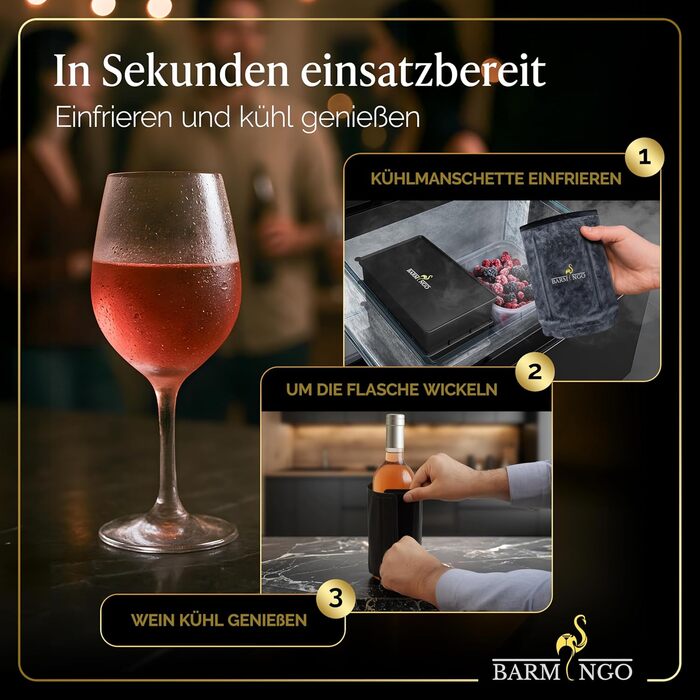 Охолоджувач для вина BARMINGO з нержавіючої сталі з 2 охолоджувальними акумуляторами – охолоджувач для напоїв та пляшок для вина, шампанського та секту | Подвійний сектокюлер з охолоджувальними манжетами | Охолоджувач для винних пляшок | Золотий