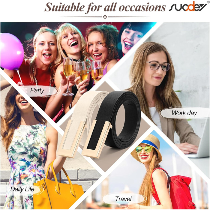 Жіночий тонкий шкіряний ремінь SUOSDEY з золотистою пряжкою (2 шт.), чорний+бежевий, 100 см, розмір талії 70-84 см