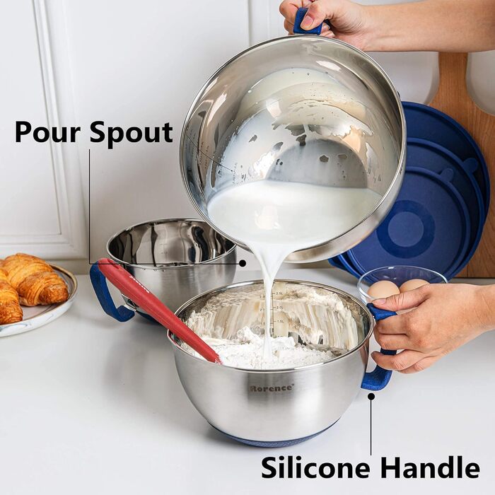 Rorence Stainless Steel Mixing Bowls with Pour Spout, Handle, and Lid, 3-Piece Set, Blue