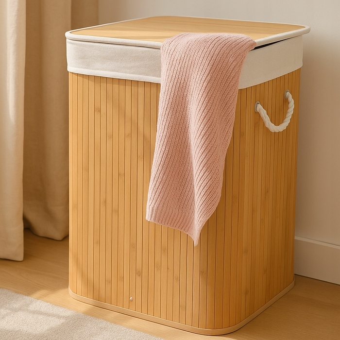 Великий прямокутний бамбуковий кошик для білизни з кришкою, 72 л