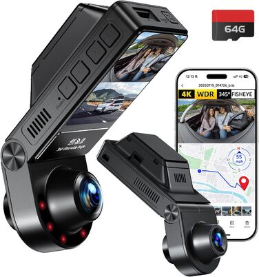 Відеореєстратор E-YEEGER Dashcam Auto 345° Panorama 4K+2.5K з GPS, WiFi, HDR, Нічне бачення, Паркувальний режим, Loop-запис, SD-карта 64GB