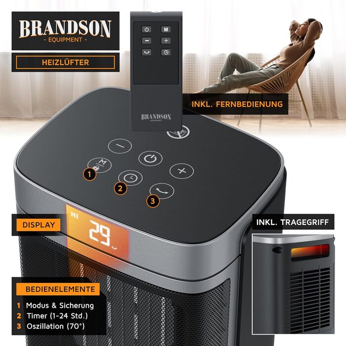 Керамічний обігрівач Brandson: тихий, енергоефективний, з пультом, для дому, офісу, дитячої кімнати