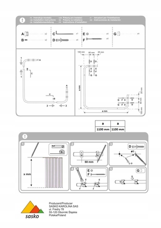 Кутовий штанга для душу Sasko 110-110 x 25 мм, білий