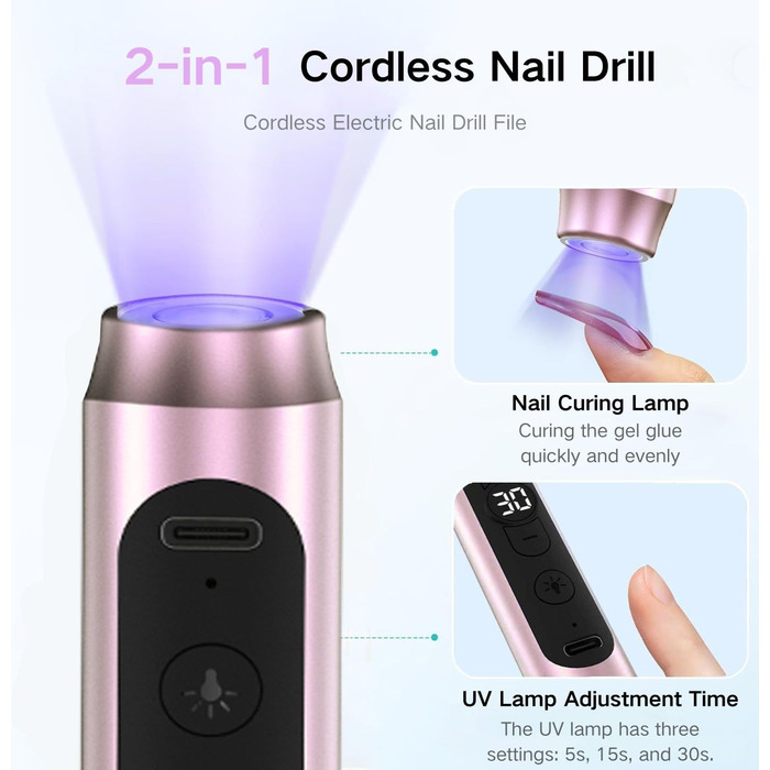 Портативний фрезер для нігтів бездротовий 12 в 1 Професійний електричний набір для манікюру та педикюру USB, перезаряджається, 9 режимів, 20000 об/хв (Рожевий)