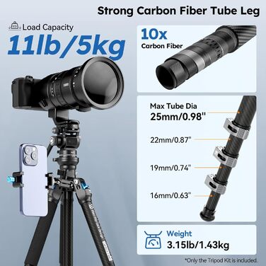 Карбоновий штатив SIRUI L-224FL+KV-5 з флюїдною головою, легкий професійний набір для подорожей та відео, висота 152см, навантаження 5кг