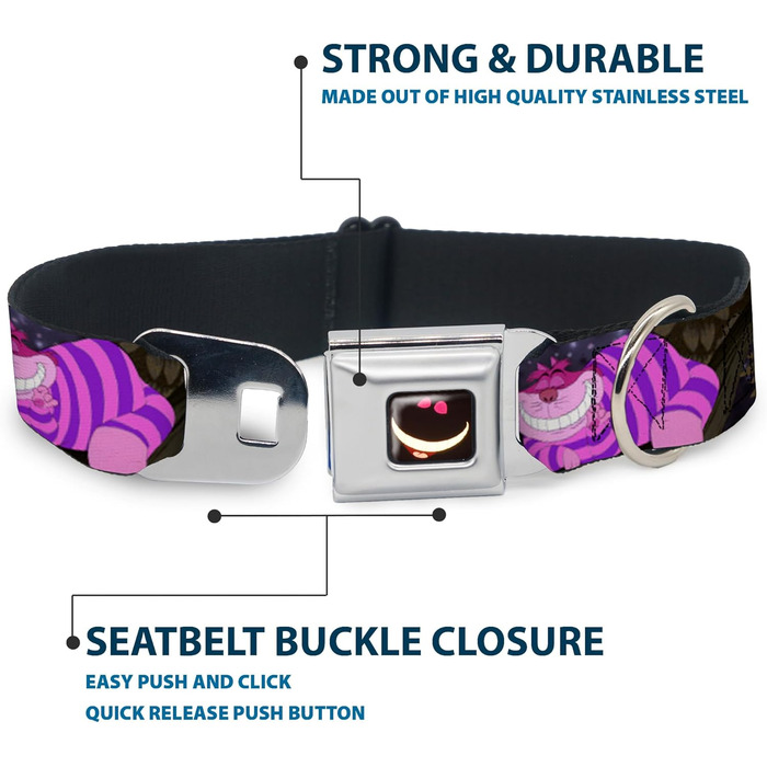 Нашийник для собак Buckle-Down з пряжкою - Cheshire Cat Tree Poses, ширина 2.5 см, розміри M (11-17 см), L (15-26 см)