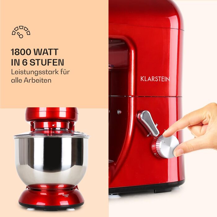 Klarstein Kitchen Machine, Stand Mixer with 5L Bowl, 2000W Professional Kitchen Machine with Dough Hook and Whisk, Universal Kitchen Machine with 6 Speeds, Dough Machine for Stirring, Kneading and Whipping Coral