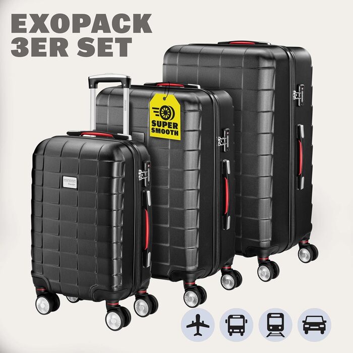 Набір валіз MONZANA® 3шт. Exopack TSA, колір Midnight: M, L, XL з жорсткими корпусами, гелевими ручками, 4 колесами та телескопічною ручкою