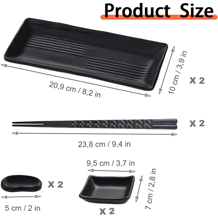 Набір для суші: 2 тарілки, 2 миски для соусу, 2 пари паличок та підставки, чорний