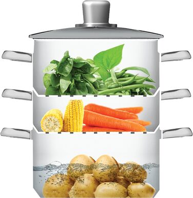 Набір каструль KitchenCraft 3 шт. з набором для приготування на пару, нержавіюча сталь, 16 см, срібний, у подарунковій коробці