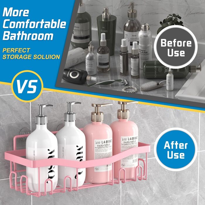 Self-adhesive shower shelf, no drilling required, bathroom organizer, 5 pieces, stainless steel shelves with soap holder and toothbrush holder, pink bathroom accessory decor set