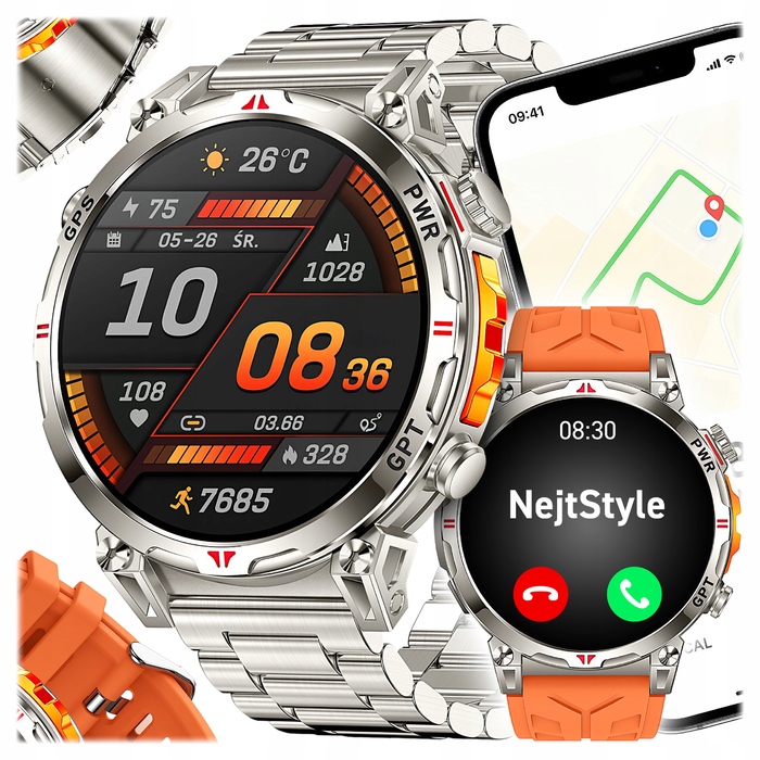 Смарт-годинник NejtStyle для чоловіків: AMOLED-дисплей, GPS, дзвінки, компас, сріблястий