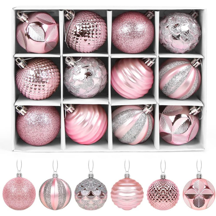 Новорічні кулі для ялинки, пластикові, 6 см, набір 12 шт. (Рожеві)