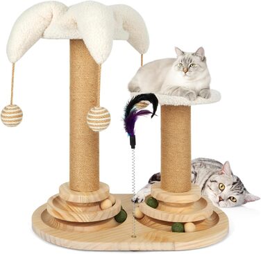 Інтерактивна іграшка для котів 6 в 1: дерев'яний комплекс з кульками, пір'ям, м'ячиком-трекером, когтеточкою з сизалю та джуту. Підходить для котів середніх та маленьких порід (білий)
