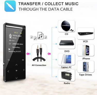 MP3-плеєр 64GB MUSRUN з Bluetooth, HiFi, AUX-запис, FM-радіо, чорний матовий