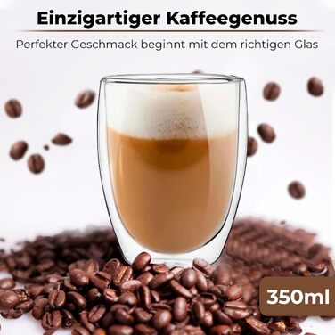 Набір склянок для лате макіато Zobel 350 мл (4 шт.) з ручкою, подвійні стінки, боросилікатне скло, з підставками та ложками, придатні для миття в посудомийній машині та термостійкі