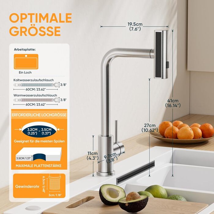 Кухонний змішувач BESy з 3 режимами струменя, висувна лійка, водоспад, поворотний на 360°, з нержавіючої сталі SUS304, для кухні