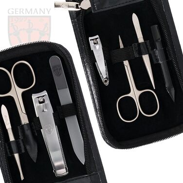 Набір для догляду за нігтями DREI SCHWERTER 'Novara' - 8 предметів. Чорний кейс з штучної шкіри. Містить: ножиці для нігтів, стекляна пилка, ножиці для кутикули, пінцет, кусачки для нігтів та інше. Чорний, матові інструменти