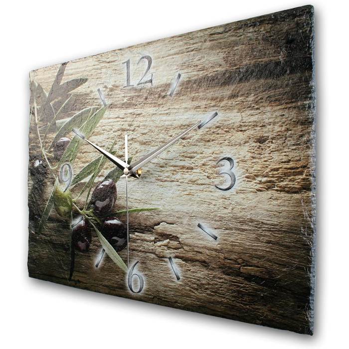 Designer wall clock made of stone (ceramic), size approximately 35x25cm, with a whisper-quiet movement (olive branch, quiet quartz movement)