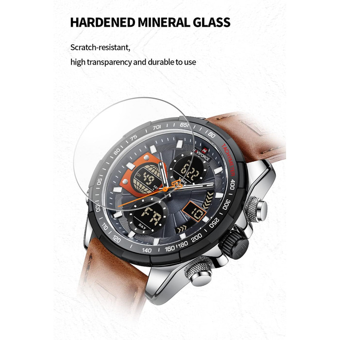 Навіфорс чоловічий військовий годинник з цифровим та аналоговим дисплеєм, кварцовий, водонепроникний, спортивний, багатофункціональний, з шкіряним ремінцем, срібно-сірий