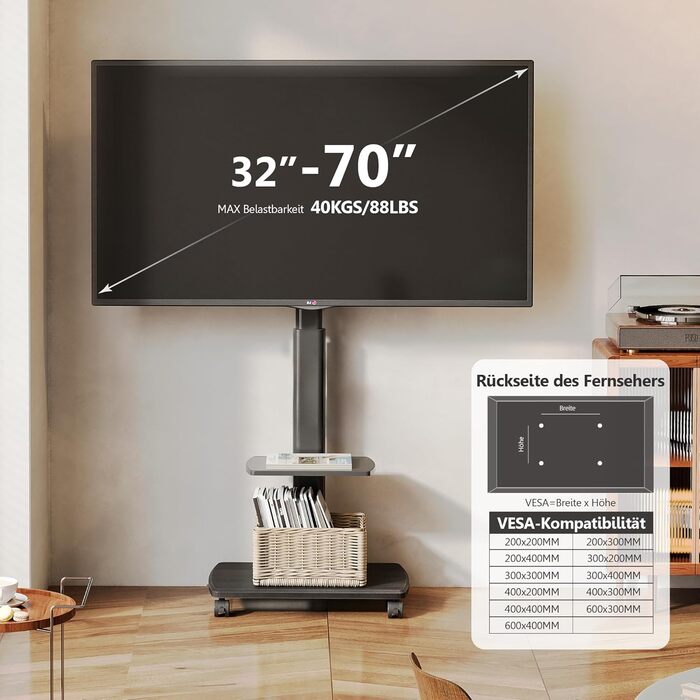 FITUEYES Rolling TV Stand with Wood Shelf - Adjustable Height & Swivel - Fits 32-70 inch TVs up to 40kg, VESA 400x600 - White/Black