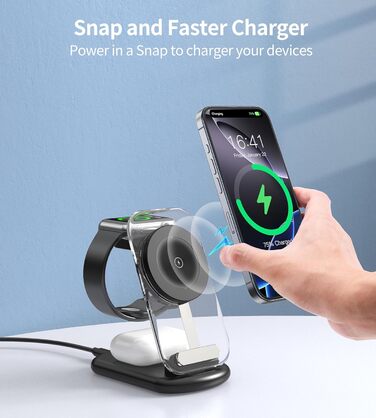 MagSafe Зарядна станція 3-в-1: Бездротовий зарядний пристрій для Apple Watch Series 9/Ultra 2/1, iPhone 16/15/14/13/12, AirPods - Чорний