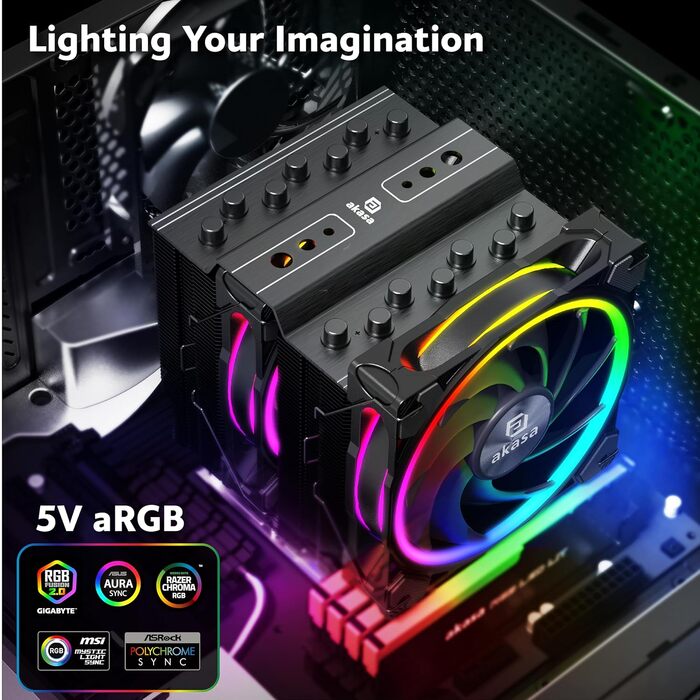 Akasa SOHO H4 Plus: Охолоджувач CPU з RGB підсвічуванням, 120мм вентилятор, мідні теплові трубки, 185W TDP, термопаста, чорний колір, підтримка Intel LGA 1851/20XX/1700/1200/115X та AMD AM4/AM5 Ryzen