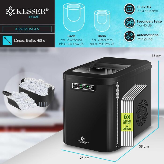 Машина для приготування льоду KESSER® з нержавіючої сталі | 12 кг льоду за 24 години | Швидке приготування (7 хв) | 2.2 л резервуар | 2 розміри кубиків льоду | LED-дисплей | Самоочищення | Чорний