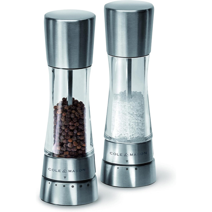 Cole & Mason Derwent Salt & Pepper Mill Set – 19cm, Adjustable Ceramic Grinder, Stainless Steel & Acrylic Design, Color: Stainless Steel, Precise Grinding, Durable