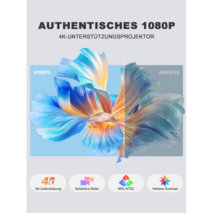 Портативний проєктор VISSPL A-800ANSI: Full HD 1080P, WiFi6, Bluetooth, Автофокус, Корекція трапеції 6D, Підтримка 4K, Netflix, для домашнього кінотеатру та відпочинку на природі