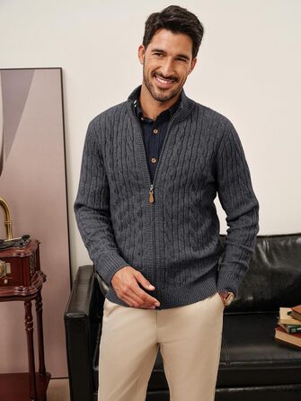 Кардиган чоловічий PJ PAU JONES з блискавкою, стійким коміром та в'язаним візерунком, темно-синій (M, темно-сірий)