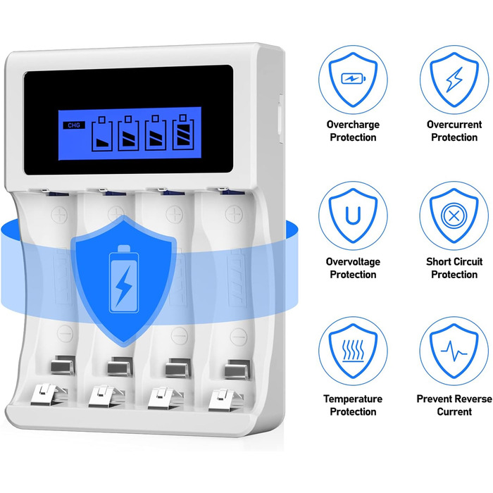 Зарядний пристрій BONAI для акумуляторів AA AAA з USB, 4 слоти, LCD дисплей, розумна зарядка NI-MH NI-CD