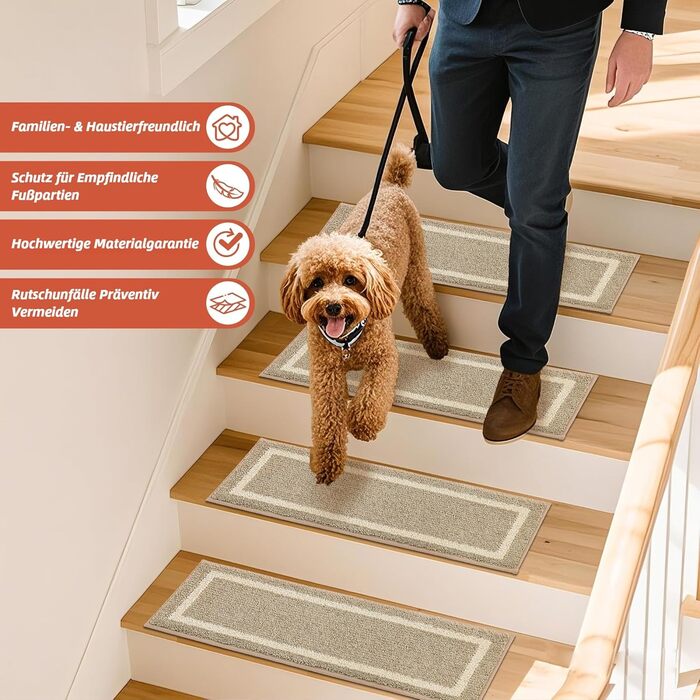 Ковзаючі килимки на сходи Cosy Homeer, 70x22 см, 15 шт., самоклеючі, антиковзаючі, машинне прання, 100% поліестер, TPE-підкладка, бежевий (4 шт.)