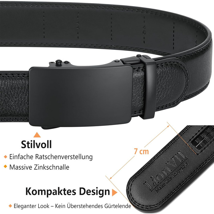 Чоловічий шкіряний ремінь LionVII з автоматичною пряжкою - 3,5 см, регульований, для відпочинку та бізнесу, обрізається під 75-125 см (30-49 дюймів), чорний – Кріфт (Чорний – Елегантність)