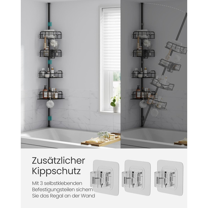SONGMICS Поличка для душу та ванної кімнати, без свердління, 4 яруси, регульована висота, чорний BCB003B01