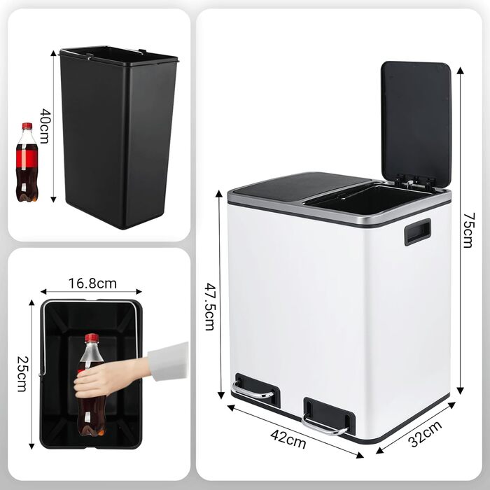 Відро для сміття LIFERUN з двома відсіками, 2 x 15 літрів, з металу, з м'яким закриттям кришки, знімний внутрішній відро, ручки, педальний відро, для квартири, невеликої сім'ї (білий)