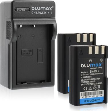 Акумулятор Blumax 2x 1000mAh для Nikon EN-EL9 / EN-EL9e / EN-EL9a з зарядним пристроєм | сумісний з Nikon D40, D40X, D60, D3000, D5000