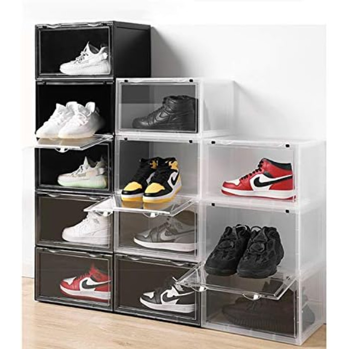 Набір пластикових контейнерів для взуття PUCHIKA (6 шт.), штабельовані коробки з прозорою кришкою, чорні, 36x28x22 см, тип D