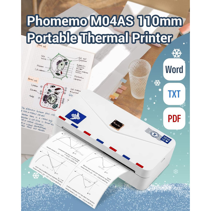 Phomemo Mini Drucker M04AS: компактний термальний принтер з Bluetooth для iOS та Android, 15/53/80/110 мм ширина друку, 300DPI, для документів, фото, етикеток