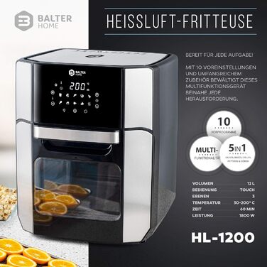 Balter Hot Air Fryer HL-1200, Fryer, 12 Liter, Mini Oven, Dehydrator Function, LCD Display, 10 Programs, incl. Recipe Booklet and Accessories