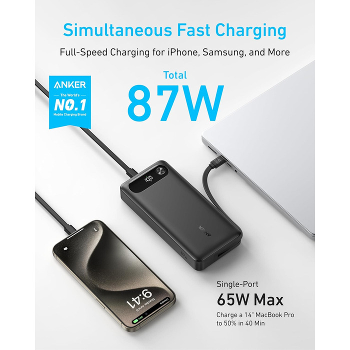 Powerbank Anker 20000mAh з вбудованим USB-C кабелем, 87W, 1 USB-C та 1 USB-A, для MacBook, iPhone, Samsung, Switch та інших пристроїв (Чорний)
